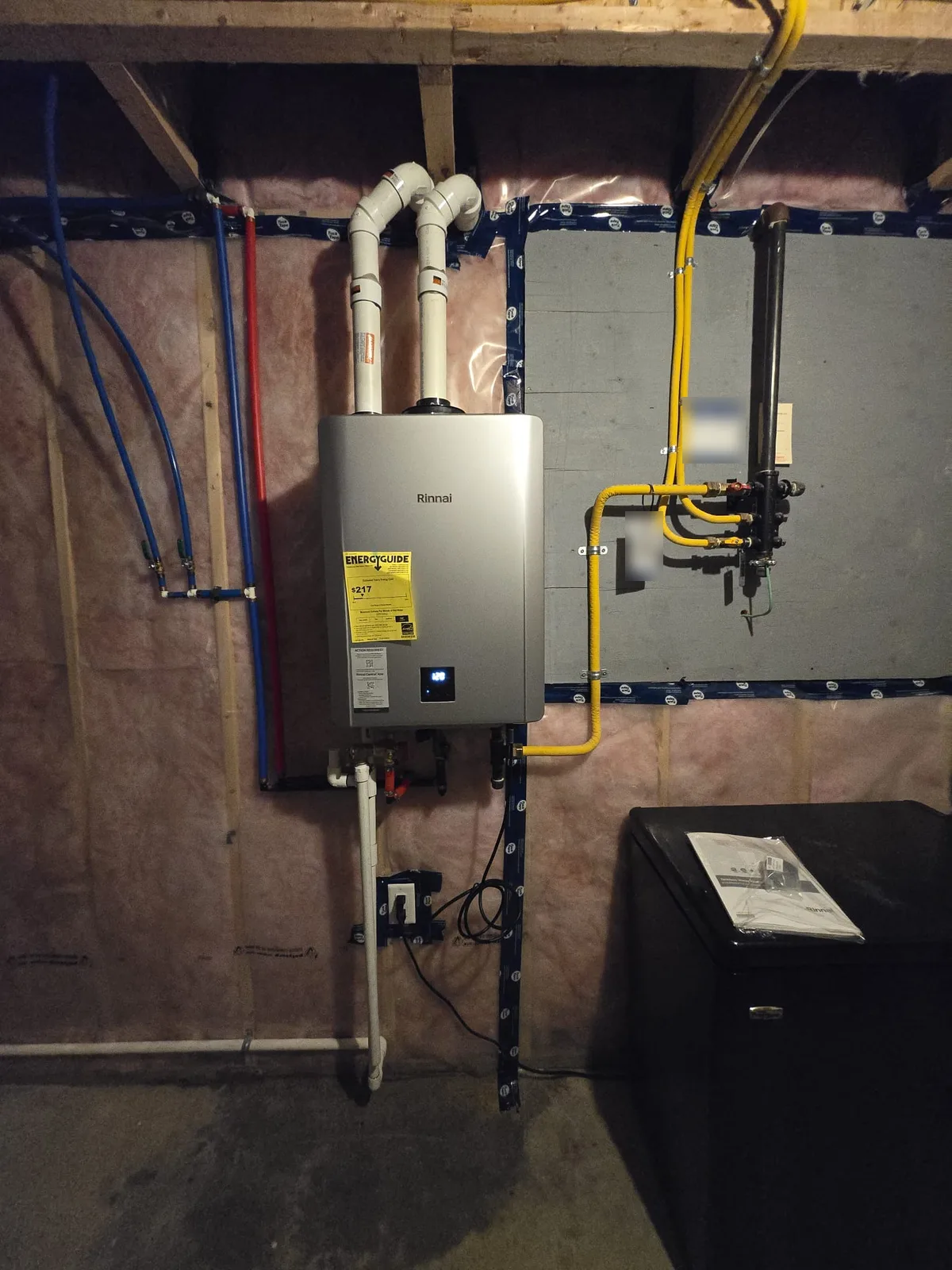 Completed Rinnai tankless water heater installation with venting, gas and water lines