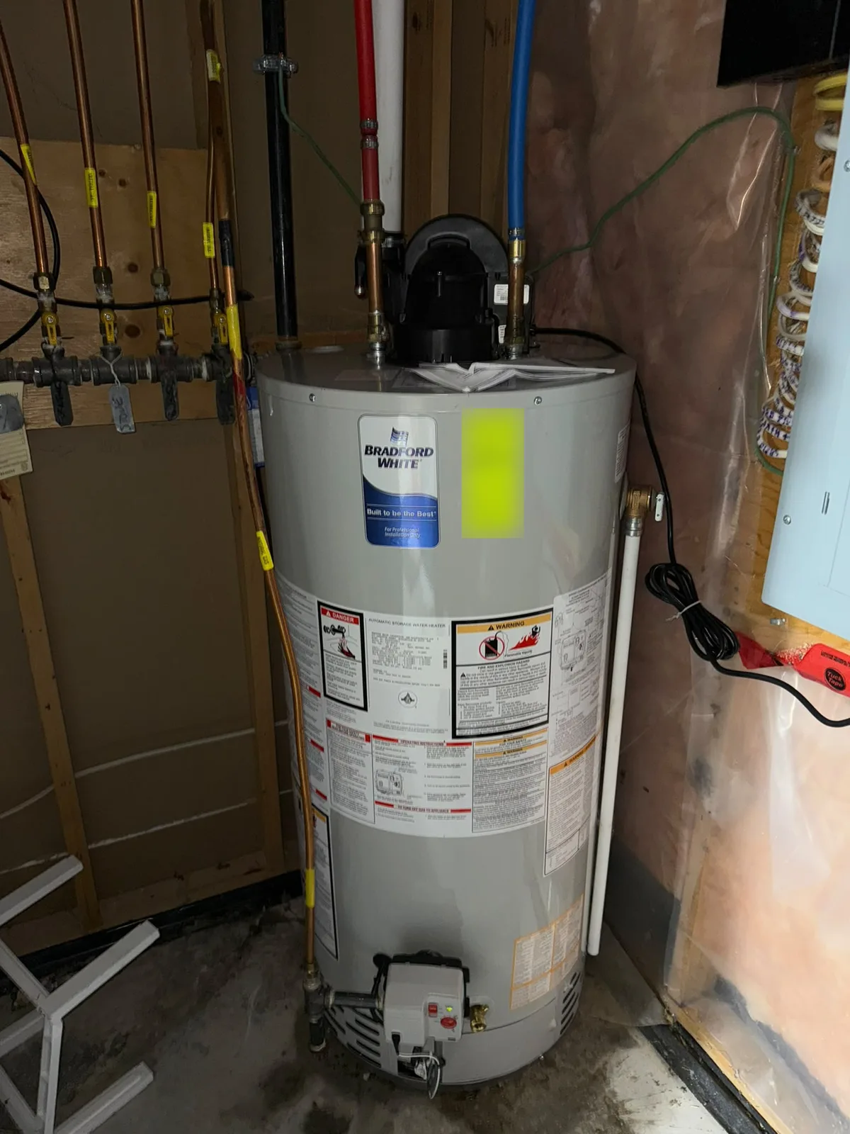 Power vent gas tank water heater with new gas and water connections